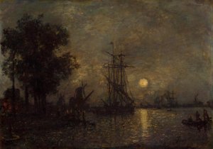 Holandaise Landscape with Docked Boat by Johan-Barthold Jongkind Oil Painting