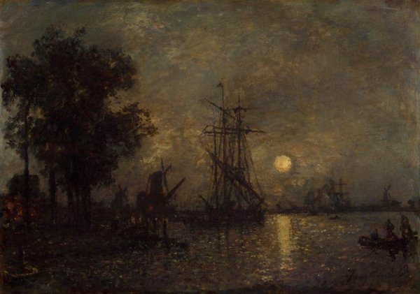 Holandaise Landscape with Docked Boat by Johan-Barthold Jongkind - Hand-Painted Oil Painting Reproduction