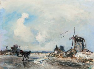 Moulins Et Patineurs En Hollande by Johan Barthold Jongkind Oil Painting