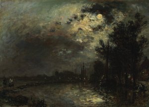 View on Overschie in Moonlight by Johan Barthold Jongkind Oil Painting