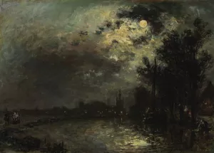 View on Overschie in Moonlight Oil painting by Johan Barthold Jongkind