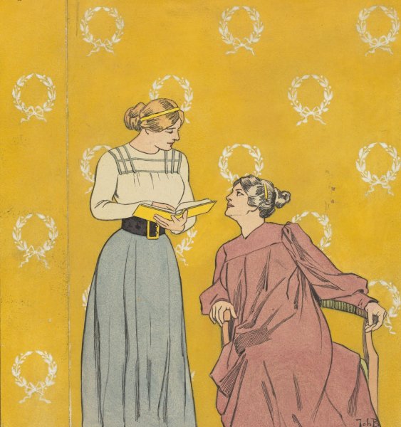 Bandontwerp met twee vrouwen met een boek  by Johan Braakensiek - Hand-Painted Oil Painting Reproduction