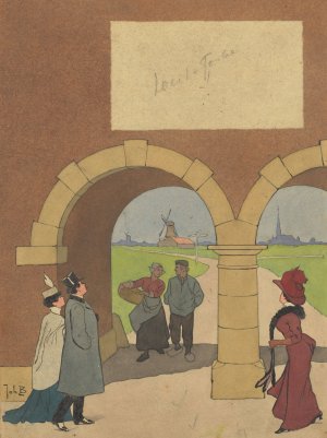 Bandontwerp met wandelaars bij een poortgebouw by Johan Braakensiek Oil Painting