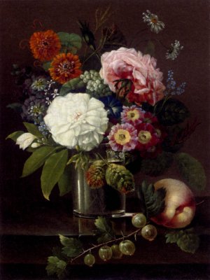 Roses, Marigolds, Daisies, Primroses and Other Summer Blooms in a Blooms in a Glass by a Peach and a Sprig of Gooseberries by Johan Carl Smirsch Oil Painting