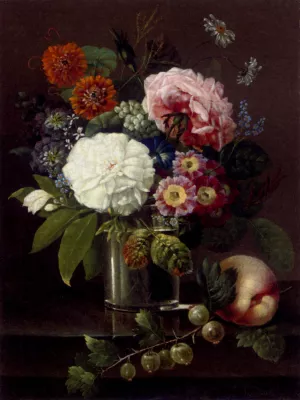 Roses, Marigolds, Daisies, Primroses and Other Summer Blooms in a Blooms in a Glass by a Peach and a Sprig of Gooseberries painting by Johan Carl Smirsch