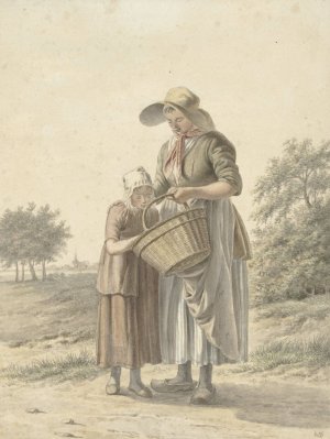 Vrouw en meisje op een landweg by Johan Christiaan Willem Safft Oil Painting