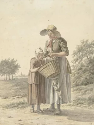 Vrouw en meisje op een landweg by Johan Christiaan Willem Safft Oil Painting