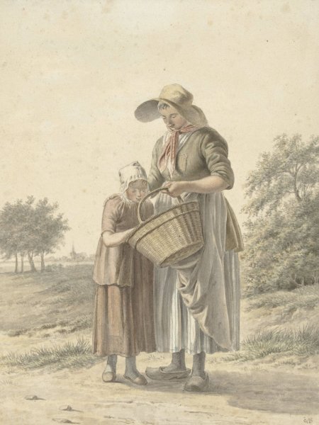 Vrouw en meisje op een landweg  by Johan Christiaan Willem Safft - Hand-Painted Oil Painting Reproduction