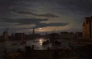 Copenhagen Harbor by Moonlight by Johan Christian Dahl Oil Painting