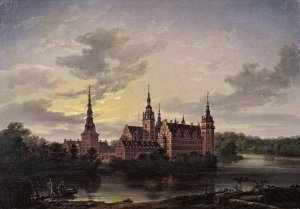Frederiksborg Castle by moonlight by Johan Christian Dahl Oil Painting