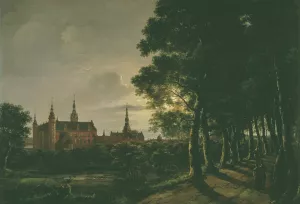 Frederiksborg Castle by Moonlight by Johan Christian Dahl Oil Painting