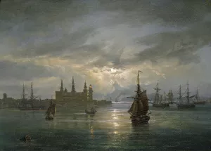 Kronborg Castle in Moonlight by Johan Christian Dahl Oil Painting