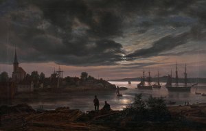 Larvik by Moonlight by Johan Christian Dahl Oil Painting
