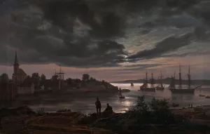 Larvik by Moonlight by Johan Christian Dahl Oil Painting