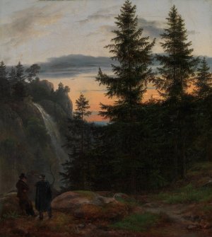 Two Men before a Waterfall at Sunset Oil painting by Johan Christian Dahl
