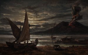 Vesuvius In Eruption. Moonlight by Johan Christian Dahl Oil Painting