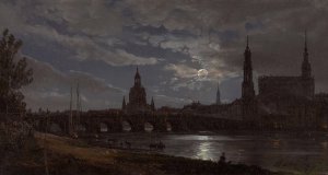 View of Dresden by Moonlight by Johan Christian Dahl Oil Painting
