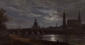 View of Dresden by Moonlight by Johan Christian Dahl Oil Painting