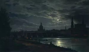 View of Dresden by Moonlight by Johan Christian Dahl Oil Painting