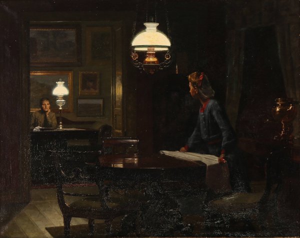 Interior med to kvinder i petroleumslampens skaer  by Johan Christopher Schlichtkrull - Hand-Painted Oil Painting Reproduction