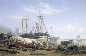 Midday break at a Shipyard on the Maas by Johan Conrad Greive Oil Painting
