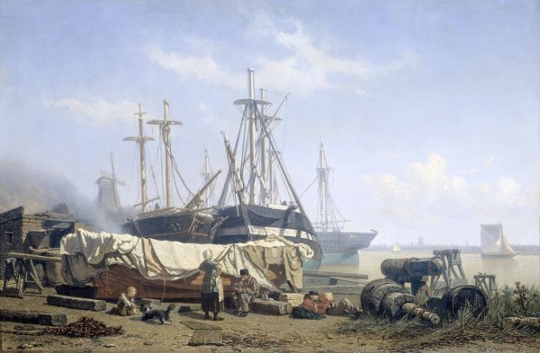 Main Product Photo of Midday break at a Shipyard on the Maas  Painting by Johan Conrad Greive