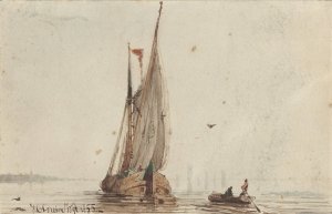 Sloep bij een zeilschip op het water by Johan Conrad Greive Oil Painting
