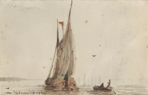 Sloep bij een zeilschip op het water Oil painting by Johan Conrad Greive