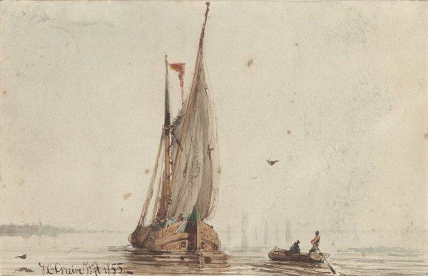 Main Product Photo of Sloep bij een zeilschip op het water  Painting by Johan Conrad Greive