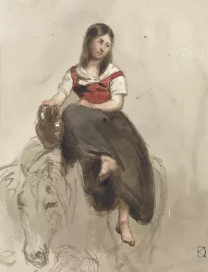 Vrouw op een paard gezeten met kan Oil painting by Johan Daniel Koelman