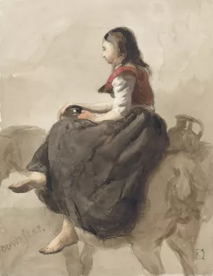 Zittende vrouw op een paard met twee kannen Oil painting by Johan Daniel Koelman