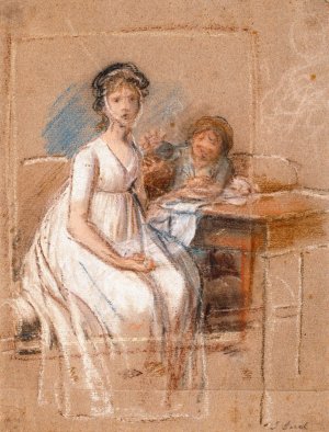 Udkast til en portraetgruppe. Regine Sophie Tutein, f. Wraatz med sonnen Peter by Johan Frederik Clemens Oil Painting
