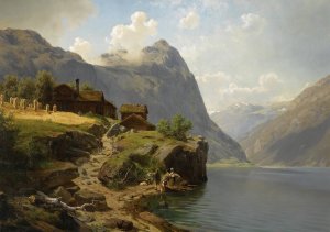Figures In A Mountainous River Landscape by Johan Fredrik Eckersberg Oil Painting