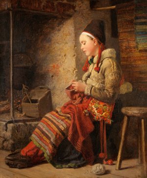 Rattvik Girl by the Fireside by Johan Fredrik Hockert Oil Painting