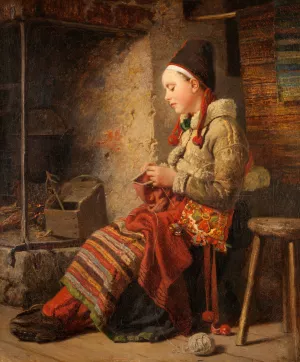 Rattvik Girl by the Fireside by Johan Fredrik Hockert Oil Painting