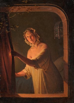 Flicka vid ljussken by Johan Gustaf Sandberg Oil Painting