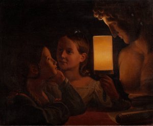 Two Children Illuminating a Sculpted Bust by Johan Gustaf Sandberg Oil Painting