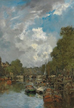 A busy canal, Rotterdam by Johan Hendrik Van Mastenbroek Oil Painting