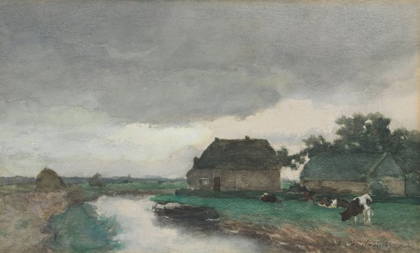 Main Product Photo of Boerderij met schuur aan een vaart  Painting by Johan Hendrik Weissenbruch