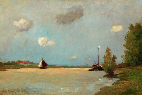 Main Product Photo of Dutch Landscape with Boats Painting by Johan Hendrik Weissenbruch