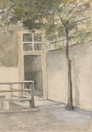 Gezicht op een binnenplaats vanuit het atelier van de kunstenaar in de Kazernestraat te Den Haag by Johan Hendrik Weissenbruch Oil Painting