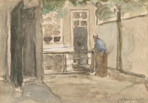 Gezicht op een binnenplaats vanuit het atelier van de kunstenaar in de Kazernestraat te Den Haag by Johan Hendrik Weissenbruch Oil Painting
