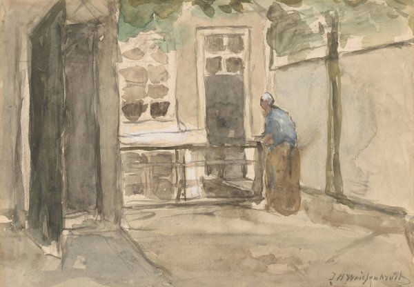 Main Product Photo of Gezicht op een binnenplaats vanuit het atelier van de kunstenaar in de Kazernestraat te Den Haag  Painting by Johan Hendrik Weissenbruch