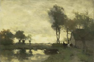 Landschap met boerderij bij een plas by Johan Hendrik Weissenbruch Oil Painting
