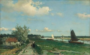 The Trekvliet Shipping Canal near Rijswijk, known as the 'View near the Geest Bridge' by Johan Hendrik Weissenbruch Oil Painting