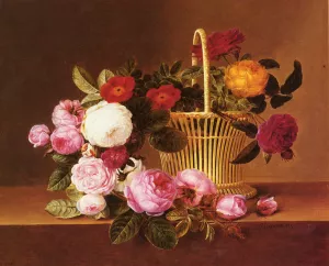 A Basket Of Roses On A Ledge by Johan Laurentz Jensen - Oil Painting Reproduction