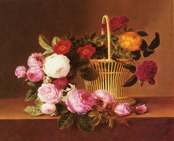 Main Product Photo of A Basket Of Roses On A Ledge Painting by Johan Laurentz Jensen