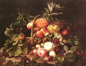 A Still Life of a Basket of Fruit and Roses painting by Johan Laurentz Jensen