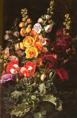 A Still Life Of Hollyhocks And Poppies