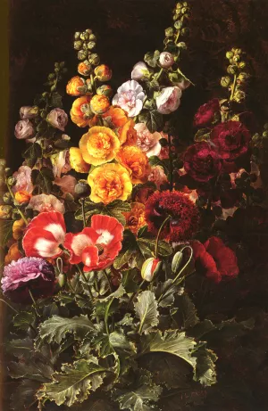 A Still Life Of Hollyhocks And Poppies